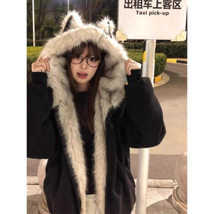 巨好看猫耳朵加绒连帽座山雕外套羽绒棉服女冬季新款保暖加厚棉袄图片
