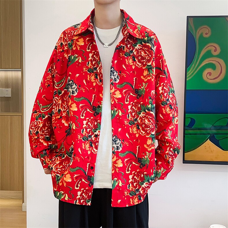 C1长袖男女宽松东北大花港风衬衣外套民族特色团队服寸衣风,男装民族服装,星座115A(原星座507）