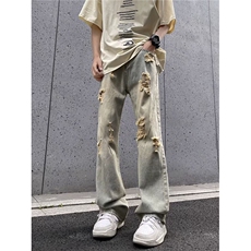 微喇破洞牛仔裤新款直筒宽松美式高街裤子潮牌，男装牛仔裤，星座1210-1