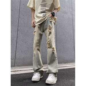 微喇破洞牛仔裤新款直筒宽松美式高街裤子潮牌图片