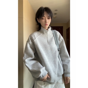 美式复古半拉链套头卫衣男女秋季宽松情侣百搭休闲上衣特P48图片