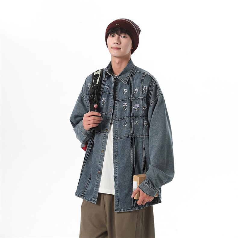 小花刺绣牛仔衬衫男2025新款宽松bf风日系复古开衫上衣JK1147-P78,男装夹克,星座1103-3