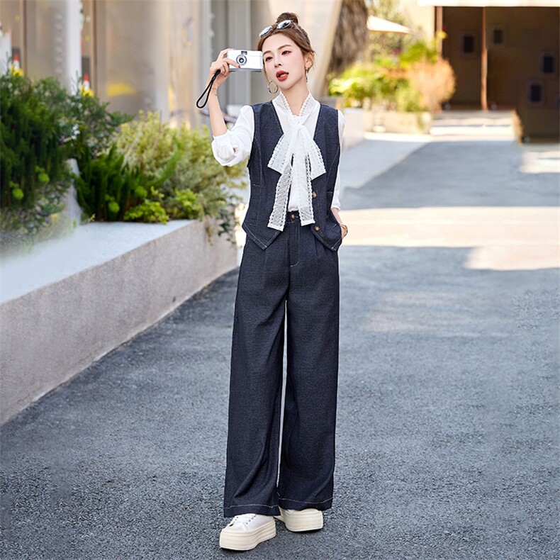 休闲牛仔时尚套装女2025春新款超火韩系穿搭洋气马甲阔腿裤三件套,女装套装/套裙,伊仟回