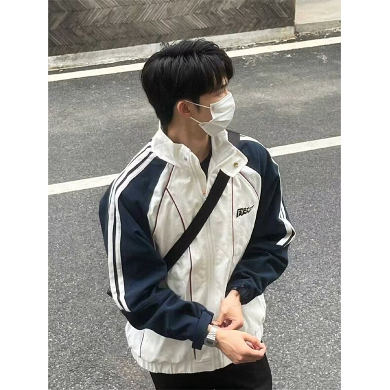 秋季新款美式复古撞色线条设计立领夹克白色外套男礼物男 JK007图片