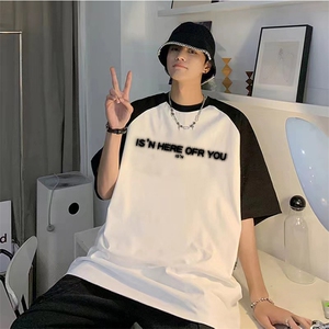 抖音得物供货240克宽松纯棉美式潮牌印花插肩袖拼接短袖T恤AT1506图片