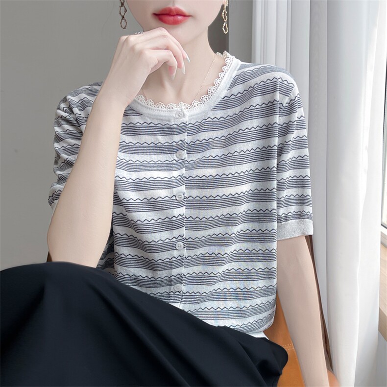 夏季新款天丝苎麻蕾丝花边条纹开衫女宽松百搭显瘦时尚休闲上衣,针织衫/毛衣,暖娇绒