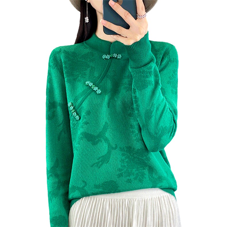 优雅气质中式盘扣羊毛衫简约时尚修身显瘦长袖上衣,女装羊毛衫,绒宛羊绒