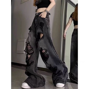 现货美式高街乞丐破洞牛仔裤男女夏季hiphop黑灰色裤子直筒