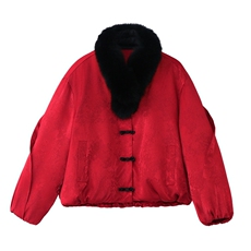 时尚提花新中式真狐狸毛短款羽绒衣女2025年冬季新款外套90白鸭绒，女装羽绒服，润尚靓点