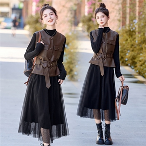 时尚穿搭皮马甲网纱裙两件套女2025年秋季爆款气质减龄休闲套装潮，女装套装/套裙，悠米