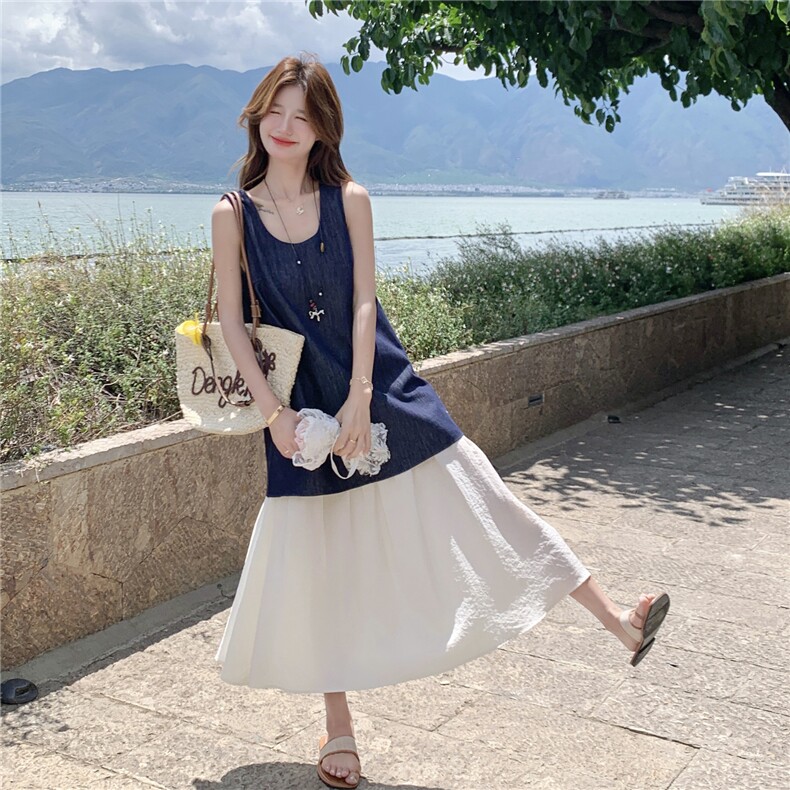2026新款牛仔设计感拼接无袖连衣裙女新款韩系宽松休闲背心裙长裙,女装连衣裙,艾米莉亚