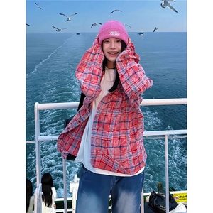 美式扎染格子衬衫女款秋季看海穿搭长袖格纹衬衣复古情侣粉色外套图片