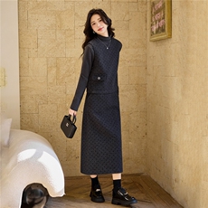 【bao款早春格雷灰系列】2026春装新款韩版波点纽扣长裙三件套，女装套装/套裙，雅静靓衣