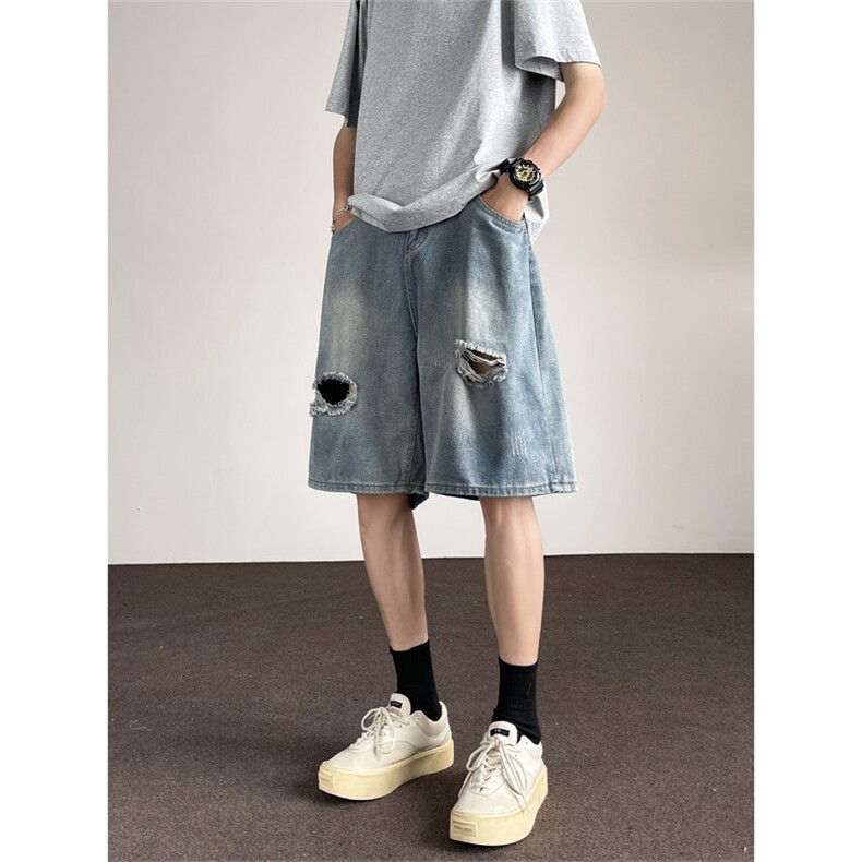 破洞牛仔裤男韩版潮流高街帅2024夏季新款ins宽松五分裤RK479-P36,男装牛仔裤,星座412-3