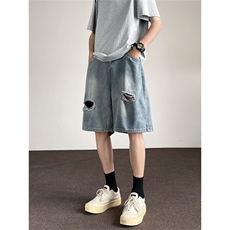 破洞牛仔裤男韩版潮流高街帅2024夏季新款ins宽松五分裤RK479-P36，男装牛仔裤，星座412-3