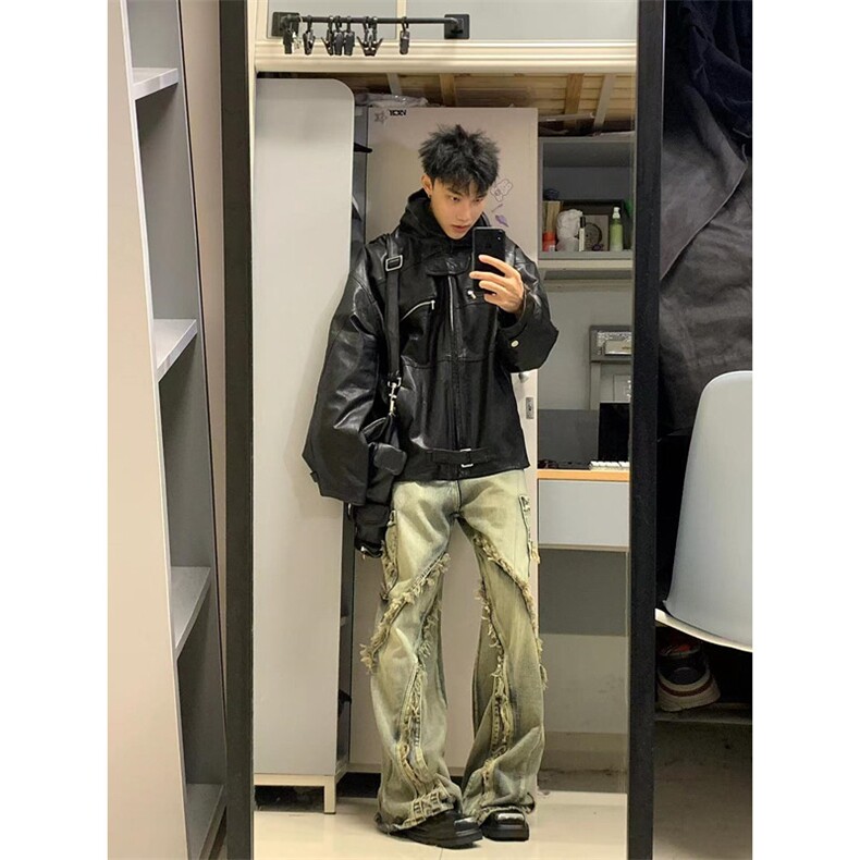 美式高街小众t解构微喇牛仔裤男春秋毛边拼接设计感裤子潮N9987,男装牛仔裤,星座1116A（原606A-3）