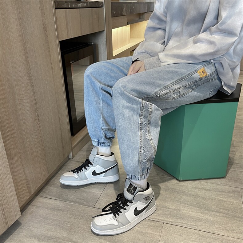 束脚牛仔裤男春夏季ins深蓝色青少年宽松哈伦S-3XL长裤 K2141-P42图片