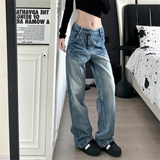 美式高街设计感猫须抓痕牛仔裤子女2025新款辣妹低腰拖地裤，男装牛仔裤，星座218-1（原230）