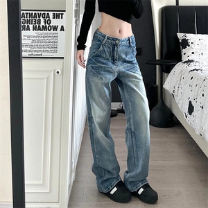 美式高街设计感猫须抓痕牛仔裤子女2025新款辣妹低腰拖地裤图片