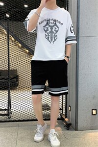 夏季潮牌青少年运动休闲T恤两件套宽松短袖短裤套装男F67P58图片