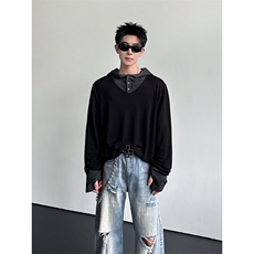 春季复古无性别撞色拼接弹力T恤男女内搭连帽长袖打底衫T25058P68，男装T恤，星座512-1（原513-3）