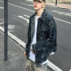 美式复古提花工装长袖牛仔衬衫潮牌新款宽松痞帅休闲时尚夹克外套，男装夹克，星座410-7