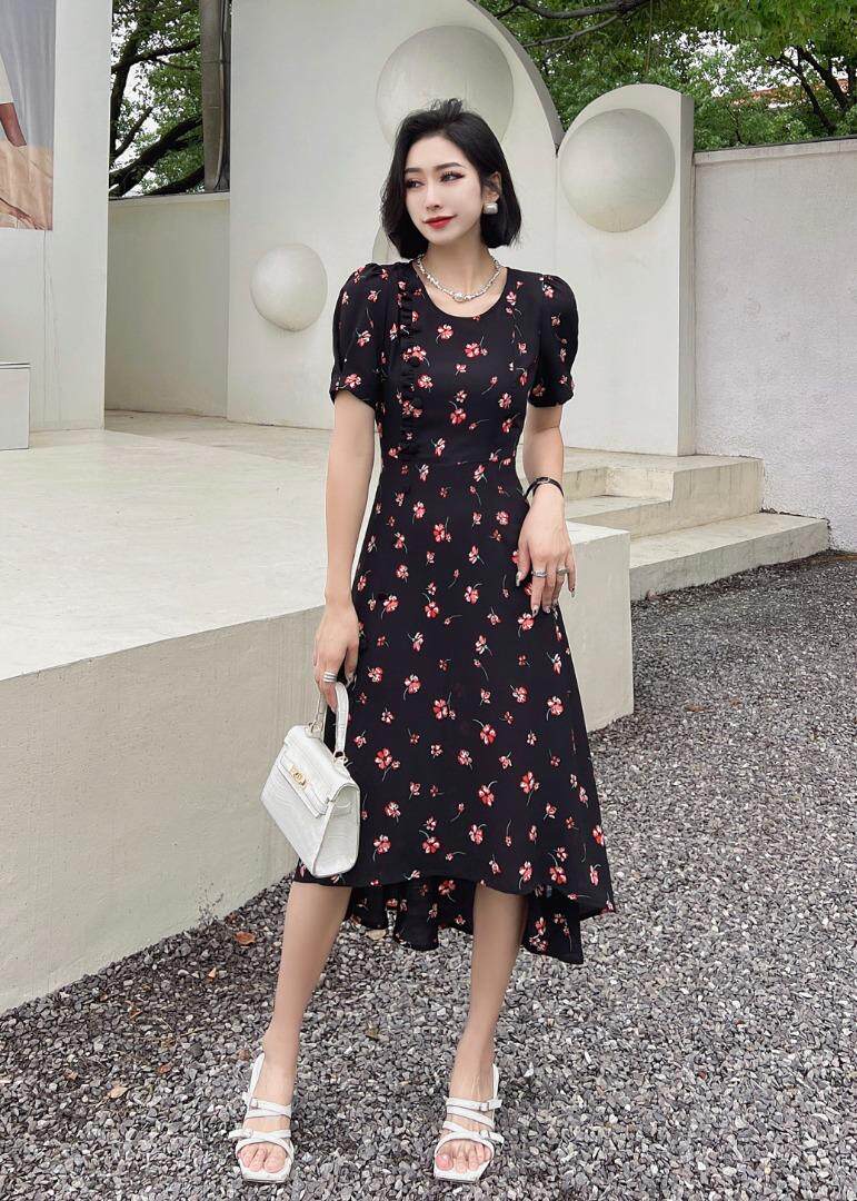 碎花鱼尾不规则连衣裙，女装连衣裙，迪蔓君翔