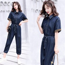 现货，薄款天丝牛仔连体裤女连衣裤夏装韩版休闲高级感复古工装裤，女装连体裤，E百度