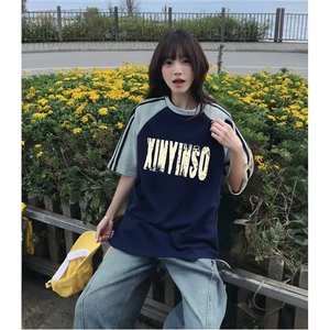 抖音得物品质二开240克宽松纯棉美式潮牌插肩三杠织带短袖T恤图片