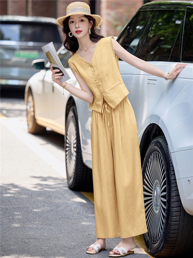 现货。老钱风亚麻阔腿裤两件套气质无袖马甲套装女夏,女装套装/套裙,E百度