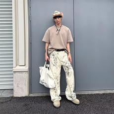春秋季新款豹纹直筒牛仔裤男款潮牌宽松复古拖地裤，男装牛仔裤，星座410-7