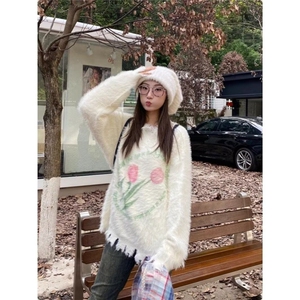 奶呼呼软糯水貂绒毛衣女秋冬加厚外穿宽松慵懒风圆领套头针织上衣