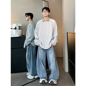 美式复古假两件POLO衫男女秋季格子拼接长袖T恤打底衫W101-P48图片