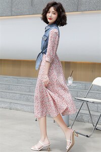 2021新款夏韩版雪纺碎花拼接牛仔连衣长裙短袖修身显瘦大摆裙图片