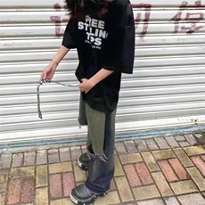男美式复古水洗做旧牛仔裤高街破洞直筒阔腿裤毛边拖地裤子MK832，男装牛仔裤，星座601-2