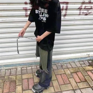 男美式复古水洗做旧牛仔裤高街破洞直筒阔腿裤毛边拖地裤子MK832图片