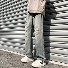 美式vibe风裤子高街潮牌黄泥染水洗破洞牛仔裤男复古街头阔腿长裤，男装牛仔裤，星座1013