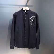 风刺绣立领白色衬衫男长袖新中式麻料透气黑色高级感绣花衬衣，男装衬衫，星座601-1