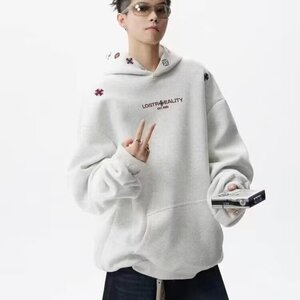 1506/QCX5000/P40新款龟裂刺绣连帽卫衣男300g宽松休闲上衣潮外套图片