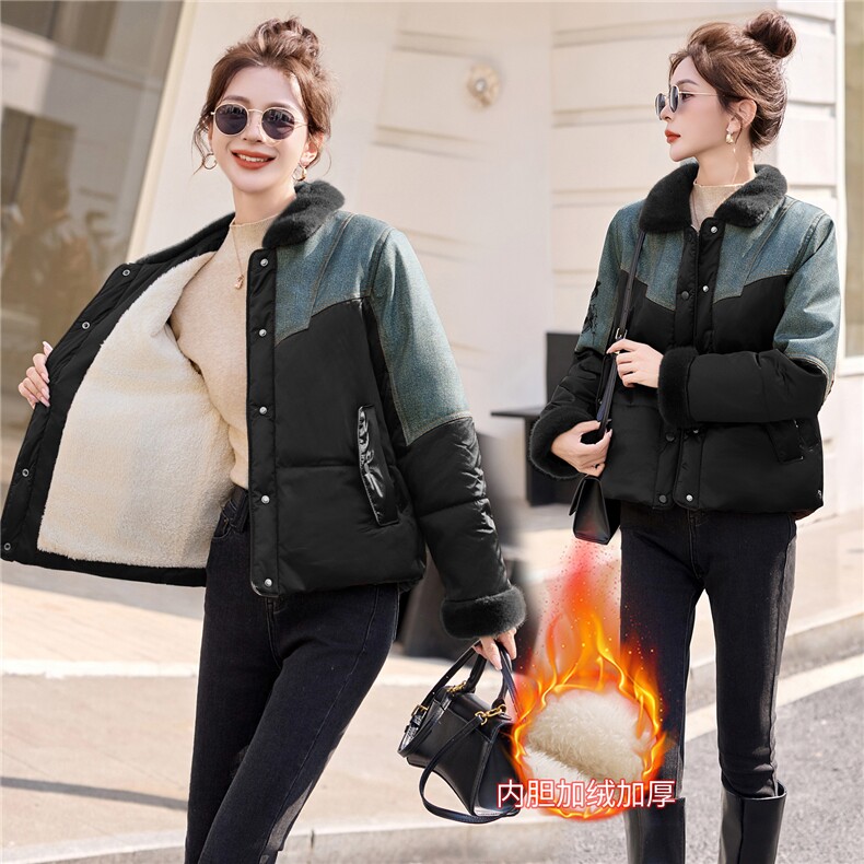 时尚翻领牛仔拼接短款棉袄2669P150,女装棉衣/棉服,乐衣轩