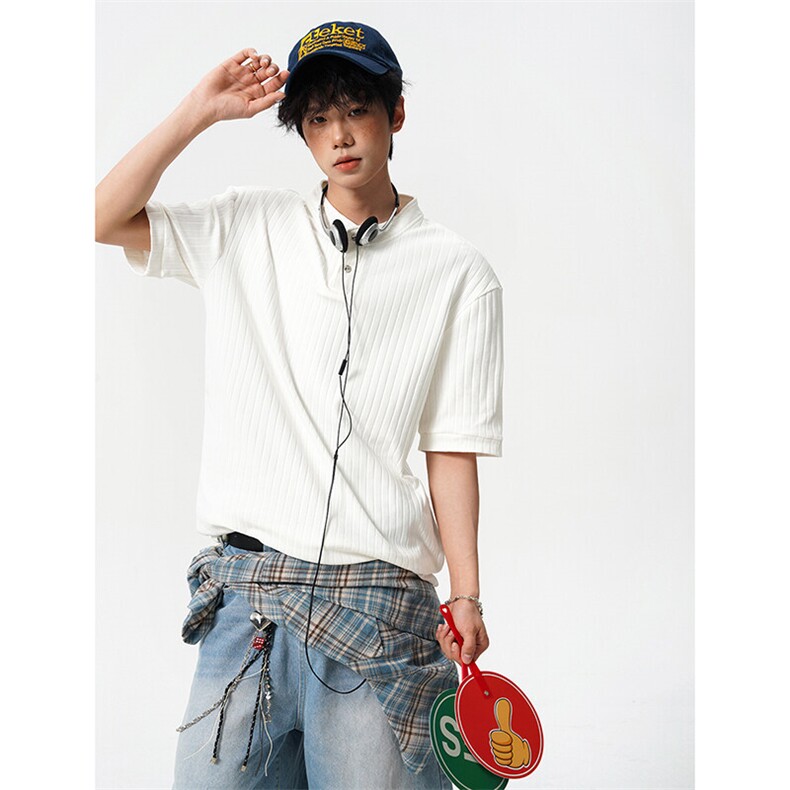 8XL-M肌理感竖条纹亨利领短袖T恤男cleanfit老钱风夏季上衣DX346，男装T恤，电商D206-1