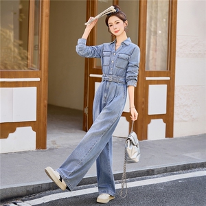 （新款现货）2026春装时尚休闲显瘦工装v领牛仔阔腿腰带连体裤女图片