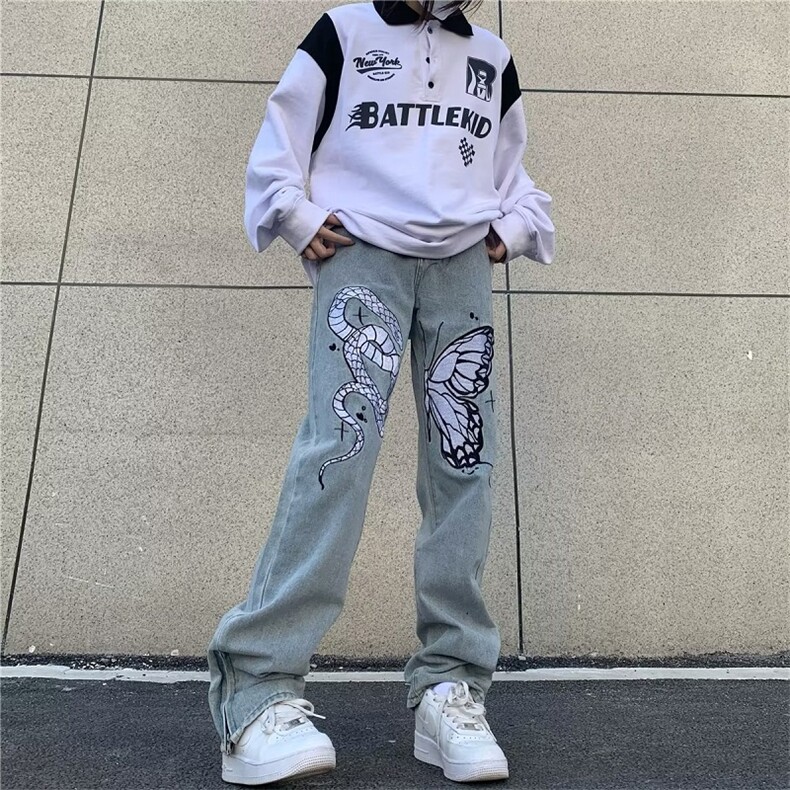 美式高街hiphop复古刺绣牛仔裤男宽松百搭拉链微喇叭休闲情侣长裤,男装牛仔裤,星座716-4