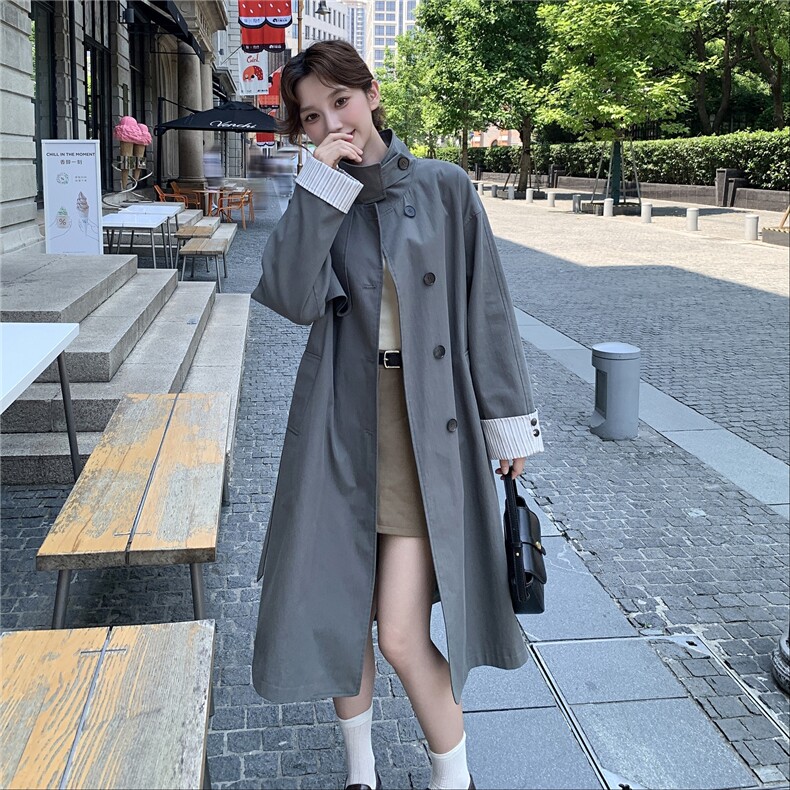2025秋季新款韩系气质收腰显瘦风衣外套女慵懒风气质长款灰色大衣,女装风衣,帛锦泉