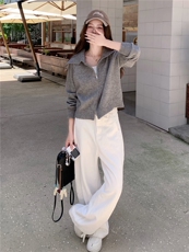 慵懒风双拉链海军领针织开衫女秋冬新款韩系宽松减龄短款毛衣外套，女装针织衫/毛衣，水衣源