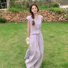 现货2025夏季新款紫色无袖背心套装女夏显瘦舒适阔腿裤两件套，女装套装/套裙，2C120