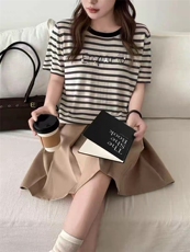 2025新款女士夏季简约百搭时尚舒适圆领条纹短袖，女装T恤，斯尔特羊绒