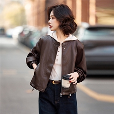 BK时尚油蜡磨砂皮女立领小个子短款海宁皮衣夹克外套2026春秋新款，女装皮衣，美拉德工厂直营店