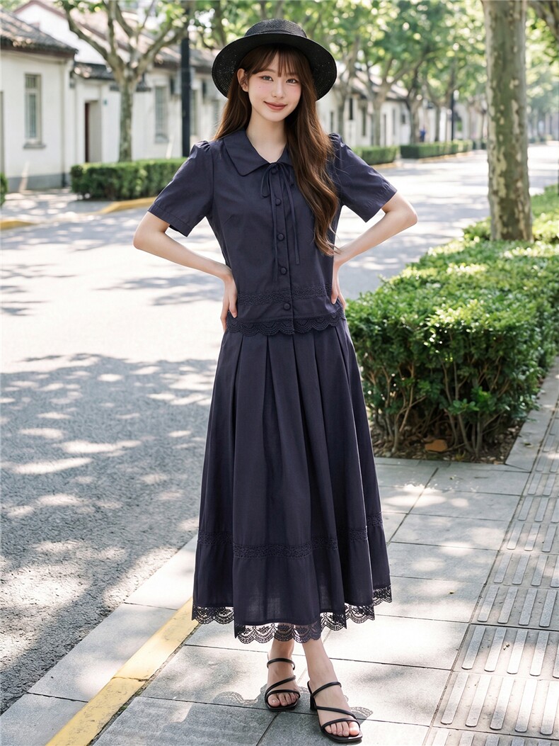 蕾丝拼接娃娃领系带上衣松紧腰半裙学院风套装女,女装套装/套裙,水衣源