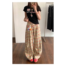 格子弯刀休闲裤女设计感宽松阔腿裤拖地裤带公仔饰品XQ1275-p52，男装休闲裤，星座1008